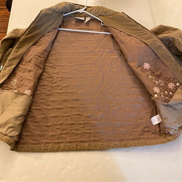 Vintage 90s Quilted Jacket WomenPlus Size 16 Tan Velvet Pink Embroidered Floral - Picture 9 of 13